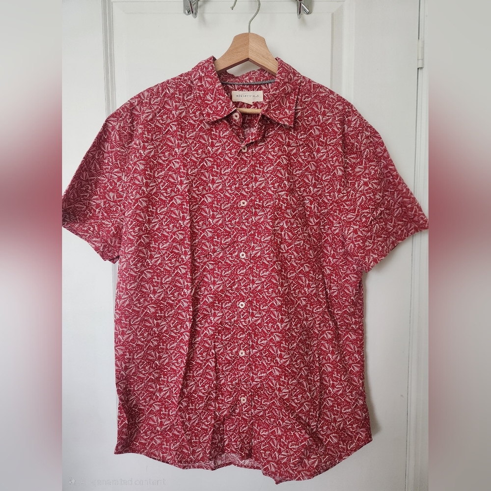 Aeropostale Mens Leaf Button Down Shirt Red White Short Sleeve Casual Fun Size L